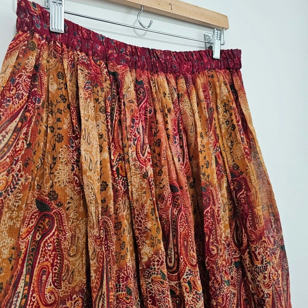 VTG Crinkle Rayon Midi Skirt Medium Red Paisley Boho Flowy Witchy Forest Fairy